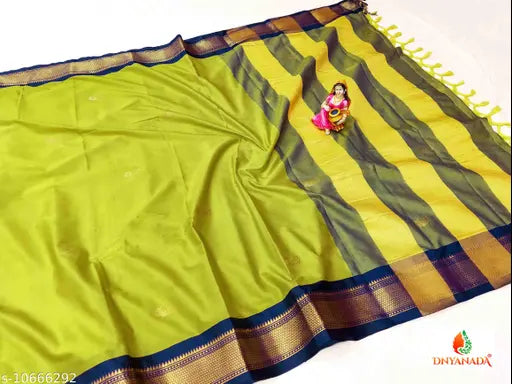 Lemon and navy Sanjivani Traditional Paithani Cotton Silk Saree with contrast blouse piece & Zari pallu