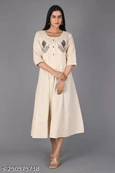 Khaki embroidered cotton women's gown kurta (multicolor, white) - premium quality, machine washable Indian fashion for parties and functions