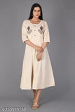 Khaki embroidered cotton women's gown kurta (multicolor, white) - premium quality, machine washable Indian fashion for parties and functions