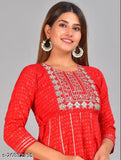 Red and gold printed rayon Anarkali kurta, three-quarter sleeves, Indian women's festive wear