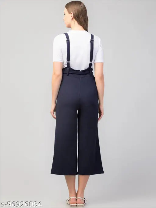 Blue polyester dungaree with white t-shirt on model, Indian women's fashion solid-colored workwear set