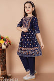 Kids girls printed rayon kurta set, A-line pyjamas with embroidered sleeve, 3/4 length, 2-11 years, Indian traditional wear