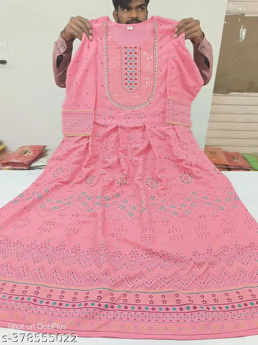 Printed pink embroidered rayon anarkali maxi-kurta for women's fashion, floral design, long with three-quarter sleeves