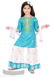 Gold Print Rayon Kurta Sahrara Set with Dupatta, featuring a straight top and sharara bottom, perfect for ethnic wear lovers. Comfortable and rich in skin-friendly Cotton Rayon fabric. Available in sizes 2-3 Years to 5-6 Years, made in India