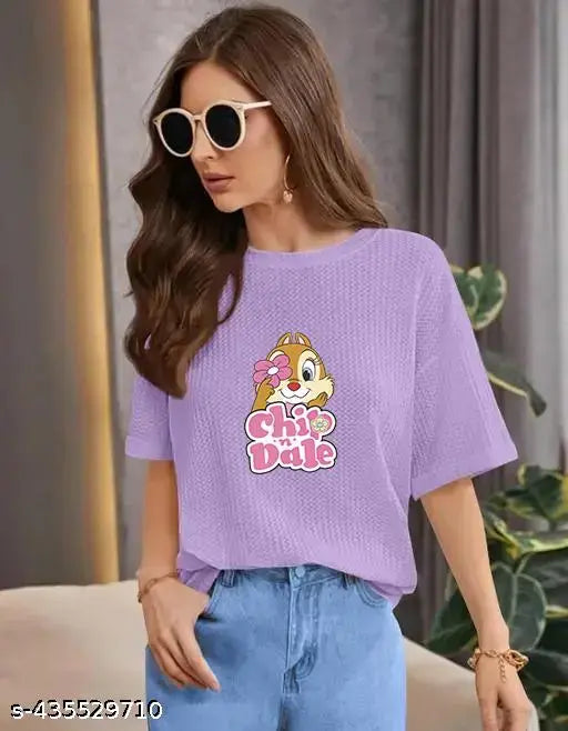 Large round neck, printed lavender women's top in cotton blend - contemporary casual fashion