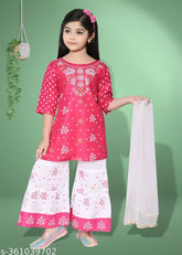 Rayon printed net girls' casual partywear kurta and pallazzo set, three-quarter sleeves, India-made