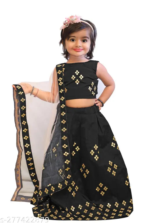 Satin-silk, embroidered mirrored work girls lehenga choli set with net dupatta (India), 2-3, 3-4, 4-5 years sizes available