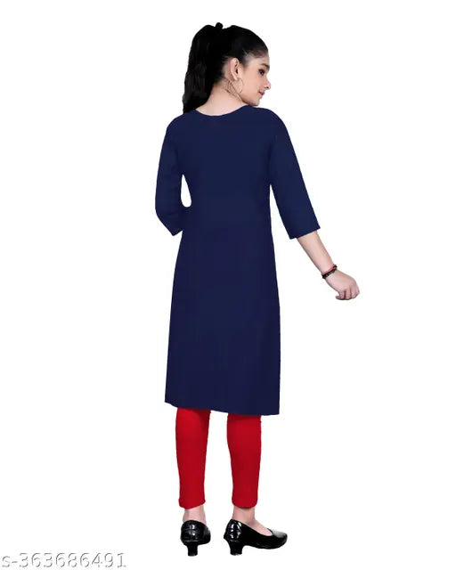 Girls embroidered rayon straight kurta, three-quarter sleeves, 9-10 years size, Indian handcrafted ethnic wear
