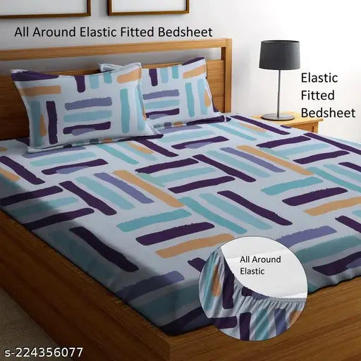 Geometric cotton fitted double bedsheet & pillow covers (72x78x8inch), ideal for adult summers, from ANTRIN