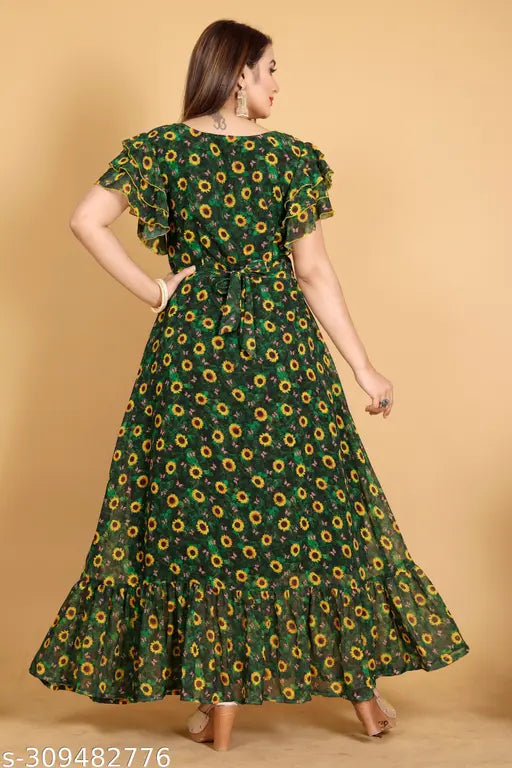 Women's Long Kurti, Digital Sunflower Printed on Georgette, Short Sleeve, Full Flared Gheri & Anarkali style, 100% Georgette with American Crinkle lining