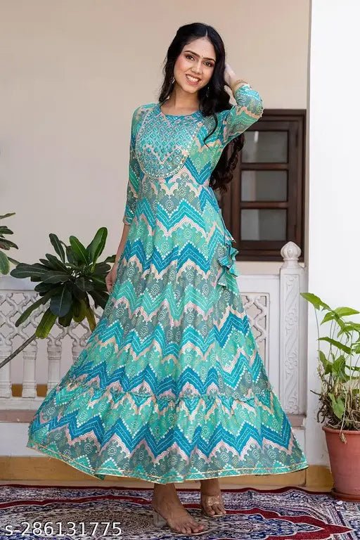 Cotton Anarkali Kurta, heavy gold foil print & embroidery, three-quarter sleeves, women's premium design from India