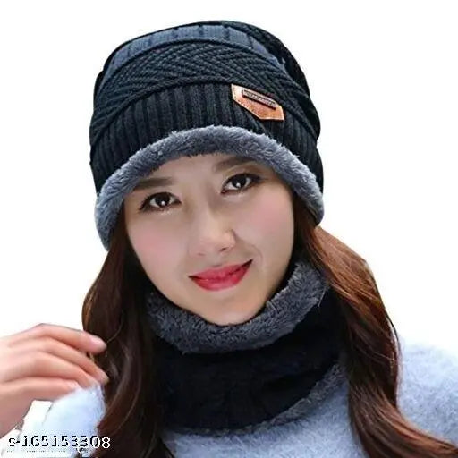 Unisex woolen beanie cap with fur lining, onesize, perfect for winter activities like skiing or hiking