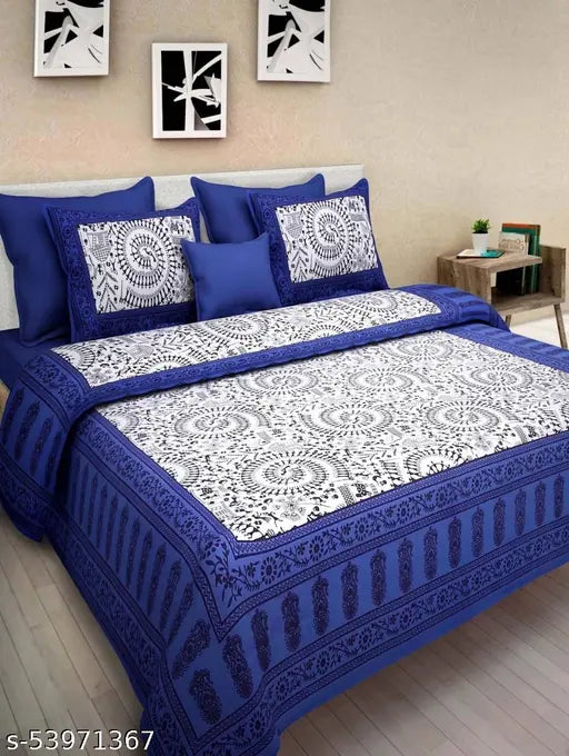 Jaipuri cotton double bed sheet combo pack, featuring 2 bedsheets and 4 pillow covers, ideal for adult use, Indian-made