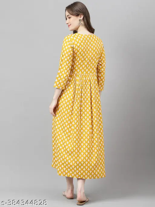 Rayon embroidered women's long festival kurta, three-quarter sleeves, printed pattern. Rayon fabric, S (36in bust, 48in length), M (38in bust, 48in length), L (40in bust, 48in length). Made in India