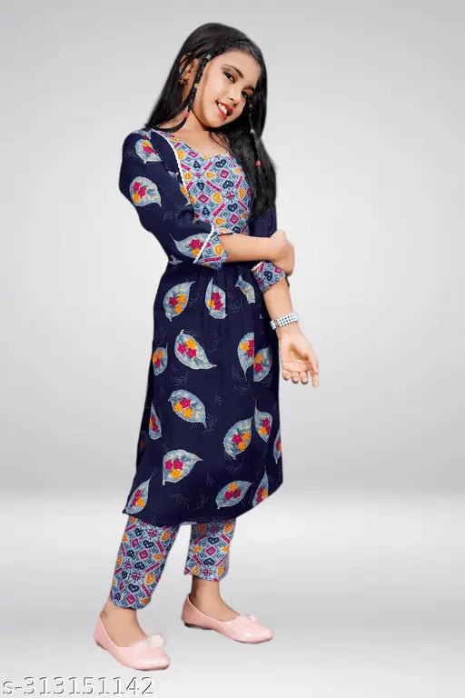 Girls cotton festive flared dress kurta and pyjama pant set - vibrant print, comfortable for parties, weddings, and events