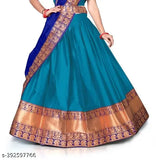 Art Silk South Indian Lehenga Choli set in floral stitch, unstitched for custom sizing (31"-36") with matching dupatta and bottomwear in Zari print. 100% best quality fabric from Tirupati Enterprise