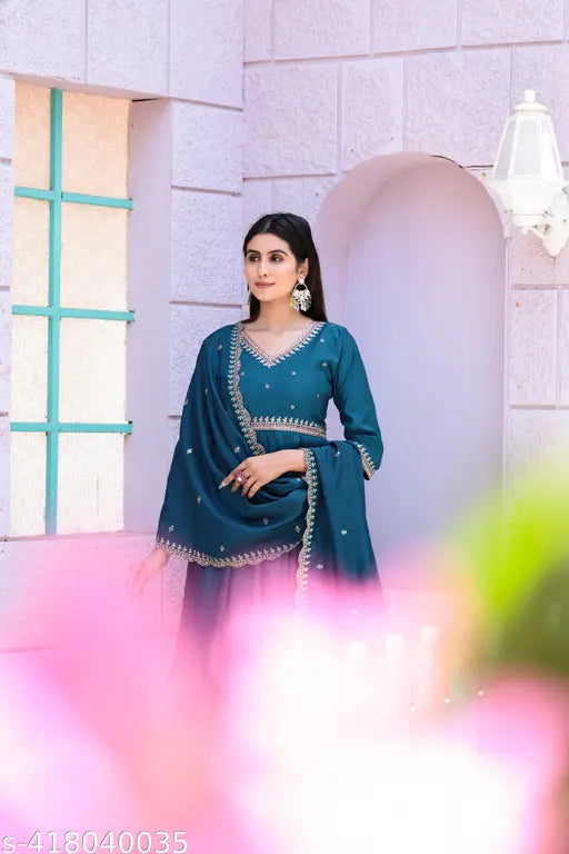 Nile Blue Chanderi Cotton Kurta Set with Embroidery - Elegant women's dress for formal occasions, hand-stitched floral motifs, premium quality fabric