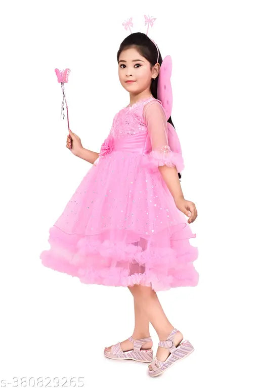 Pink embellished net party dress, three-quarter sleeves, suitable for girls aged 12 months to 9 years, made from soft cotton, festive attire with included wand and wings, handband also provided, India origin