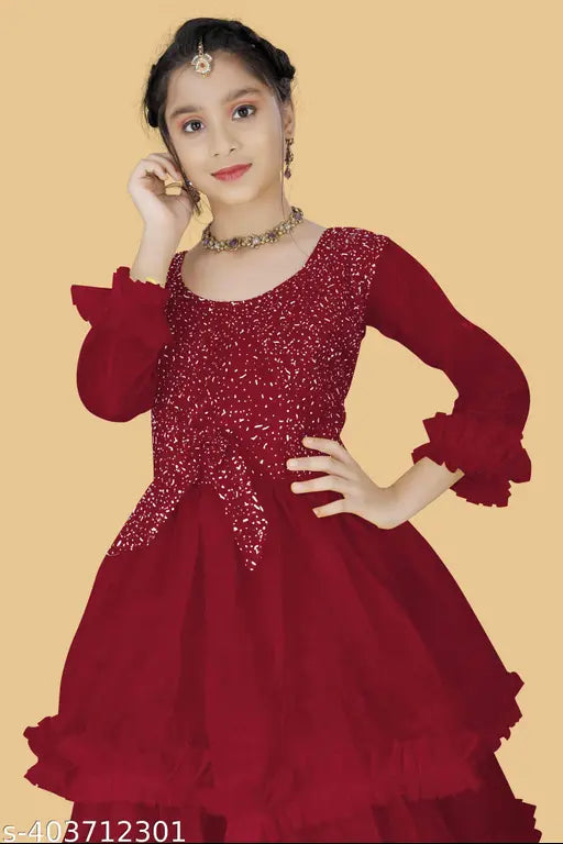 Embellished net party gown for kids trends, crafted with quality materials. Perfect for special occasions and festivals, size 5-16 years, made in India
