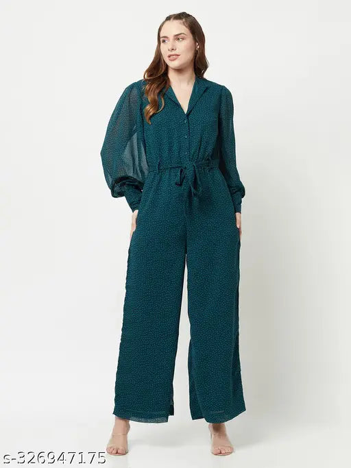 Green trending Georgette jumpsuit with long sleeves and printed net pattern, popular fashionable outfit for women