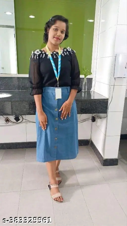 Denim Aline Skirt Lite - Solid, contemporary denim skirt with a lightweight feel, available in sizes 28, 30, and 32