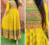 Yellow printed rayon anarkali, three-quarter sleeves, Indian ethnic wear for women, 4XL size