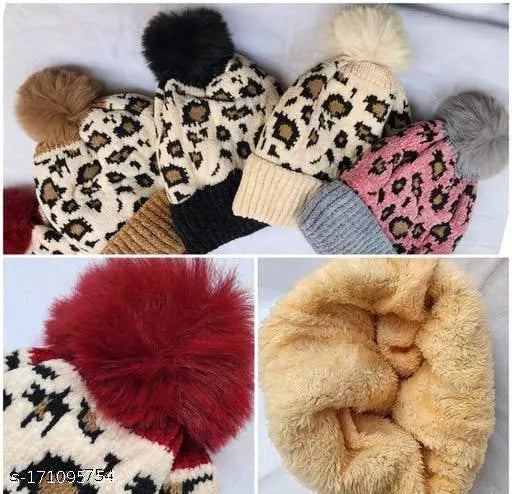 Wool colorblocked leopard print fur pom-pom cap, Indian-origin women's fashion accessory