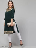 Green rayon three-quarter sleeve kurti, solid pattern by Hegza for Indian women's workwear