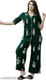 Green rayon shirt and pyjama set, printed pattern, relaxed fit for comfortable lounging
