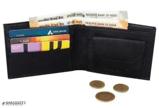 Black PU artificial leather men's wallet, regular size with 10 card slots, simple design for travel or formal occasions