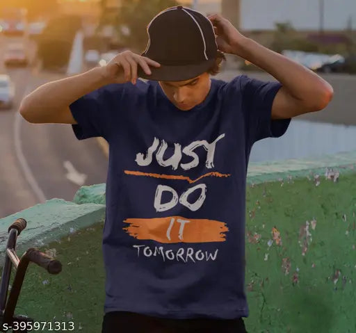 Imperial Navy Blue Super Soft Casual T-shirt, printed with "Just Do It Tomorrow" design, short sleeves, cotton fabric, regular fit, durable and breathable