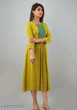 yellow rayon three-quarter sleeve printed kurta for women, vibrant floral pattern, available in sizes S to XXXL, India origin