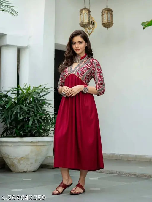 Maroon rayon printed Anarkali kurti with three-quarter sleeves - women's fashion from India