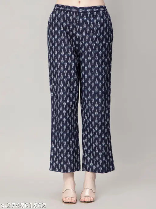 Stunning blue floral printed cotton flared top & pant cord set - 100% cotton V-neck, 3/4 sleeves, side pockets, available in S-6XL