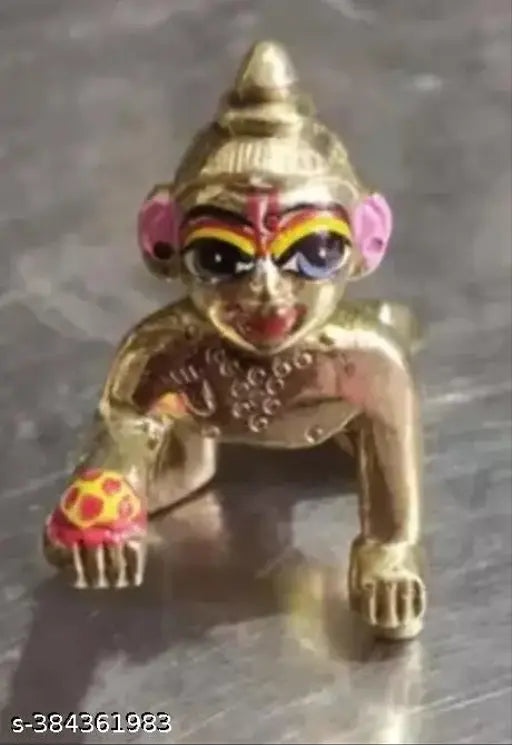 Brass Krishna Idol, Indian print bal Gopal, 5cm x 7cm x 5cm in traditional attire with accessories