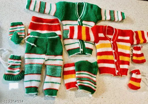 Wool striped baby sweater set with cap, pants, and socks (Pack of 2) for boys winter wear, India origin