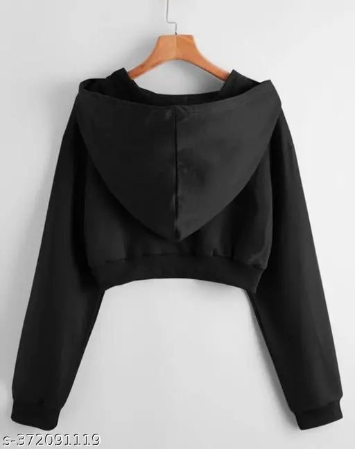 Premium fleece hooded sweatshirt, long sleeves, solid color, women's cropped design, India-made for stylish comfort