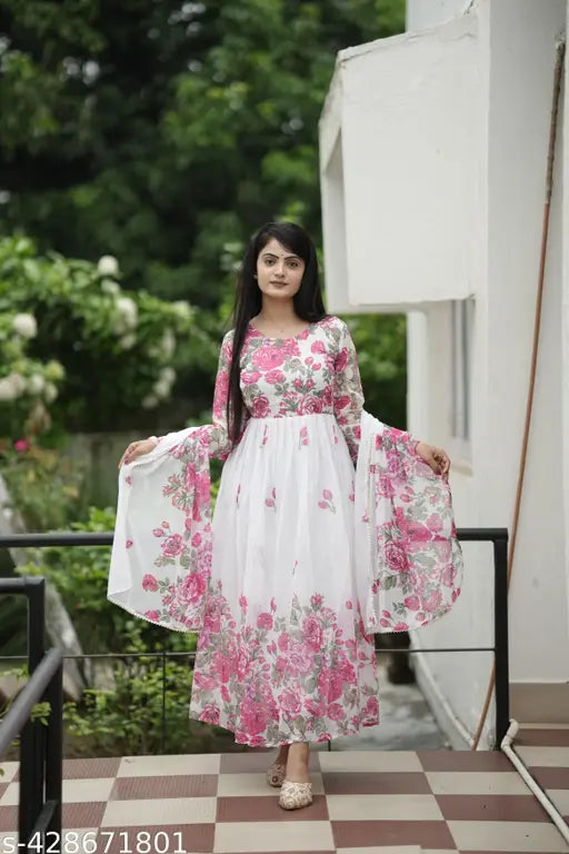 White Georgette ethnic dress with dupatta, printed floral design, Indian origin, size S-XXXL