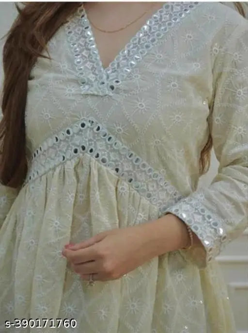 Cotton three-quarter sleeve chikankari kurti, Indian women's fashion - single piece