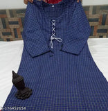 Blue checkered woolen kurti for women and girls, three-quarter sleeves. Women's ethnic wear, made in India