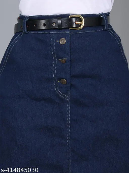 Stretchable denim blue skirt with front pockets, perfect for western style. High-quality, midi length, versatile wardrobe essential