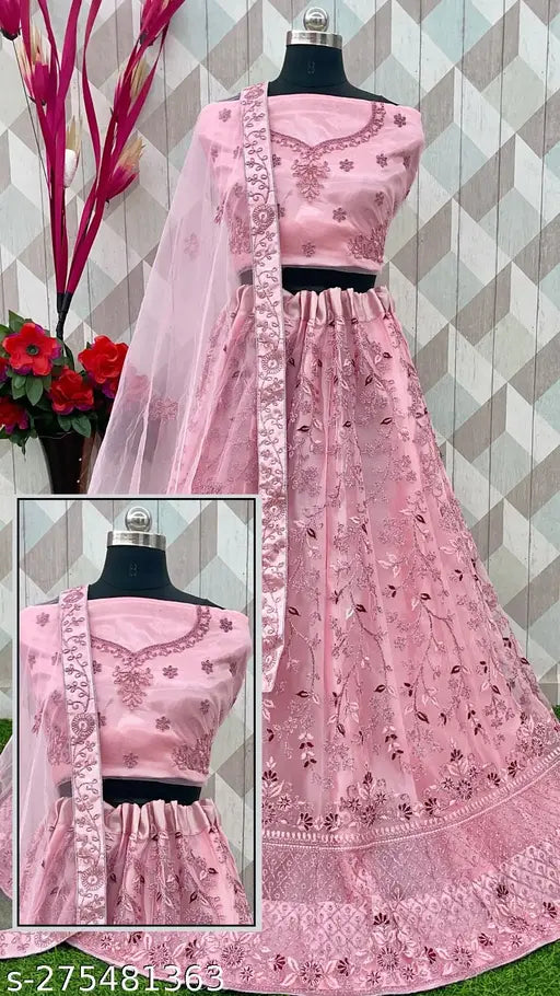 Art Silk Pink Embroidered Net Semi-Stitched Lehenga & Unstitched Blouse with Dupatta, free size, 42" waist and length, by Gopinath Handwork