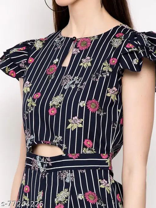 Navy Blue Crepe Poly Blend Printed Floral Keyhole Neck Jumpsuit for Women, ideal for parties, weddings, events