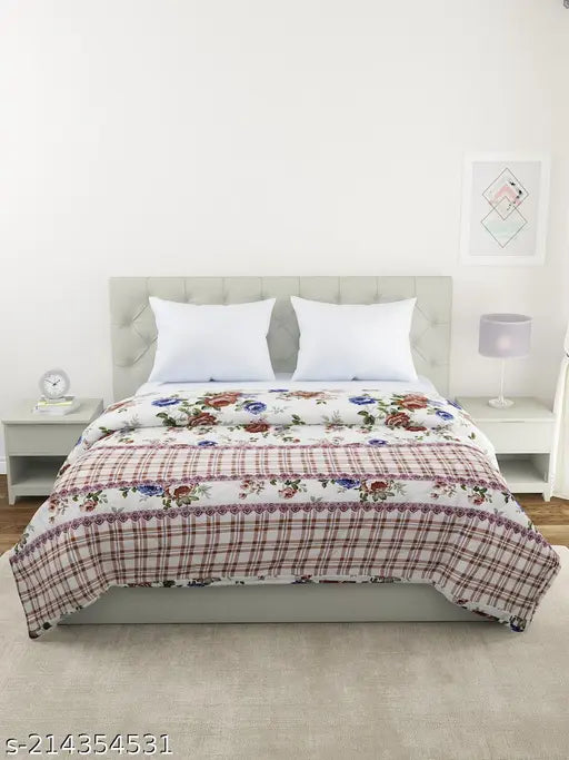 White Glace Cotton Floral Double Bed Ultrasonic Quilt, 100x82 inches, machine washable, durable, ideal for gifting