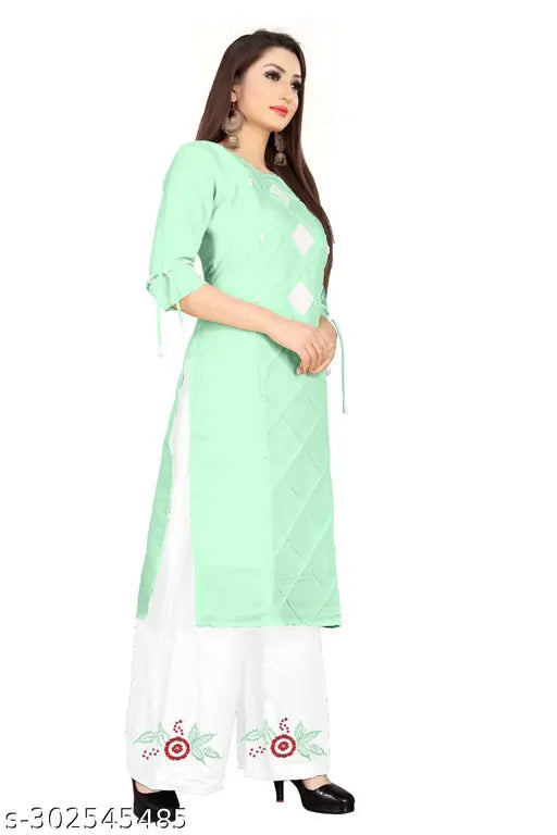 Cotton and rayon Myra Voguish women's kurta sets with palazzos, solid-colored three-quarter sleeve outfits, available in sizes S to XXL from India