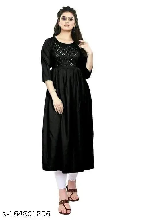 Embellished rayon Anarkali kurti, three-quarter sleeve women's fashion, Indian-made embroidered dress
