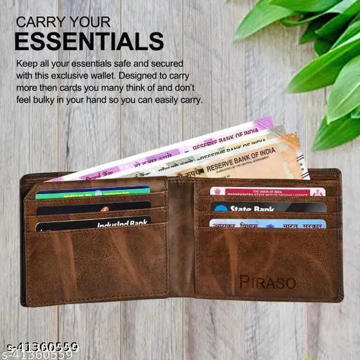 Brown leather wallet, one compartment, free size (10cm x 2cm), premium quality by Piraso - perfect accessory for gifting