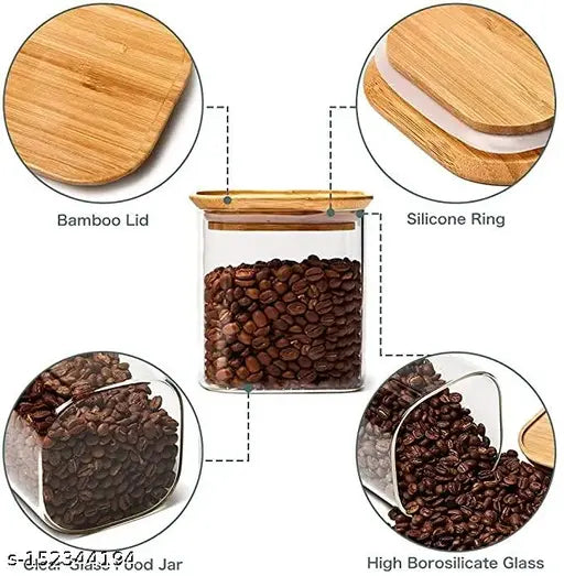 Glass airtight storage containers, rust-proof bamboo lids, VRS MALL 700ml set of 3 pcs for kitchen organization