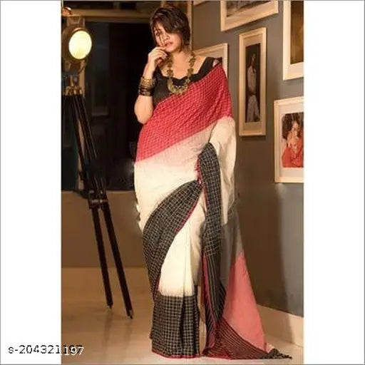 Ikkat cotton silk saree, vibrant checked pattern, single size, free-fit, Indian origin