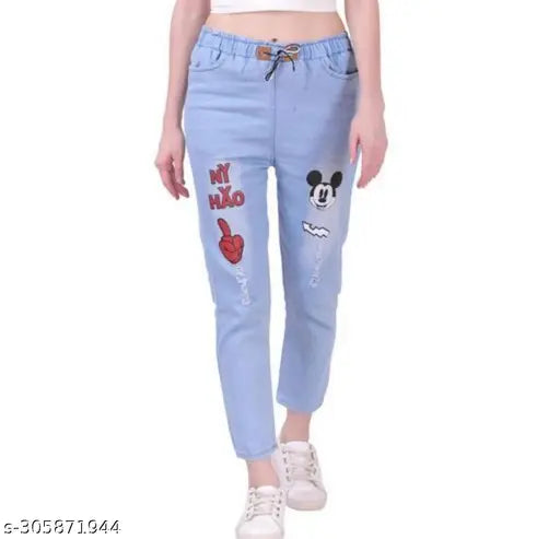 Women's 100% Cotton Round Neck Pocket Panda T-shirt & Jeans Pack of 2 with short sleeves, XS to M sizes, printed pattern, best for joggers, made in India